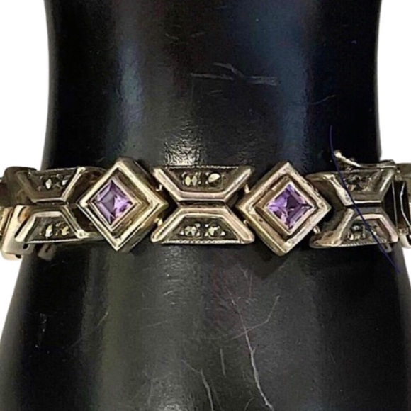 JUDTIH JACK Art Deco Faceted Amethyst Marcasite Sterling Silver Bracelet VINTAGE - Picture 2 of 8